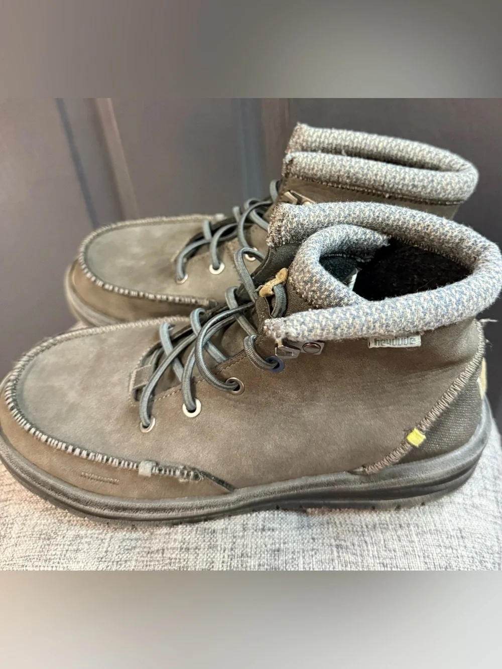 Hey Dude Kids Dark Gray Suede Moccasin Boots with Knit Collar